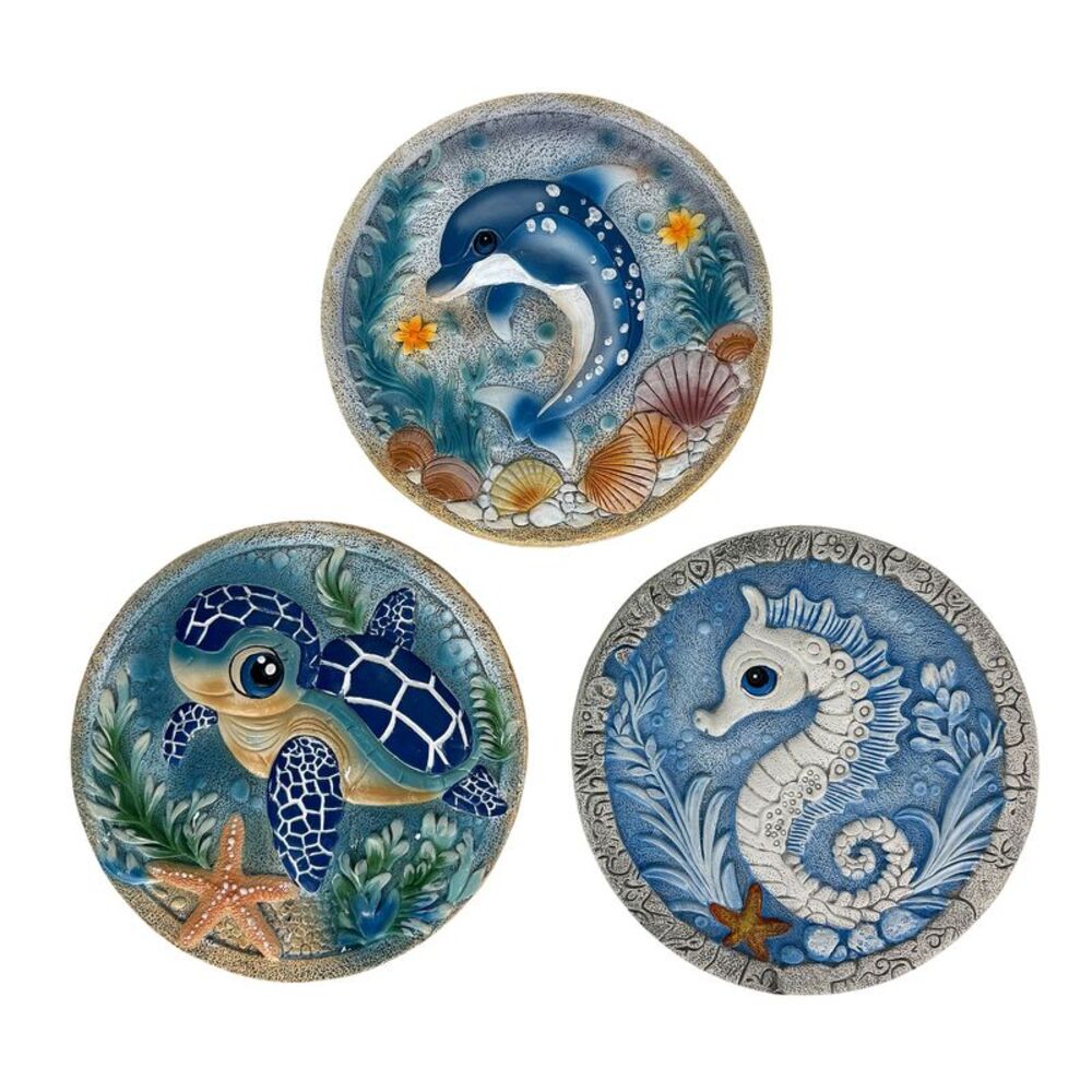 Sea Life Wall Plaques Set of 3 Round Coastal 10 in Blue Ocean Decor